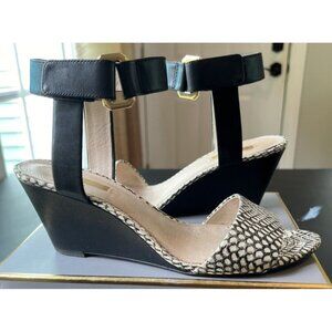 Louise et Cie Lo-Phiona Black Leather Wedge Sandal Snakeprint Ankle Strap S 10M